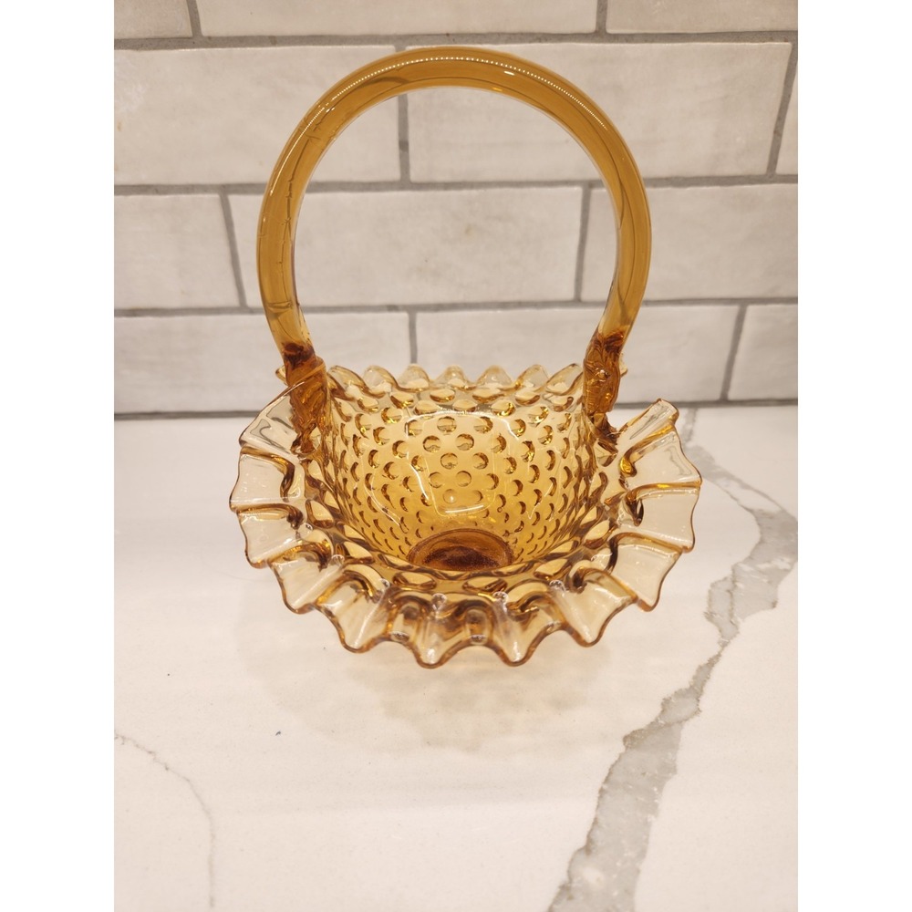 Fenton Vintage Amber Hobnail Glass Basket Ruffled Crimped Edges - Picture 3 of 9
